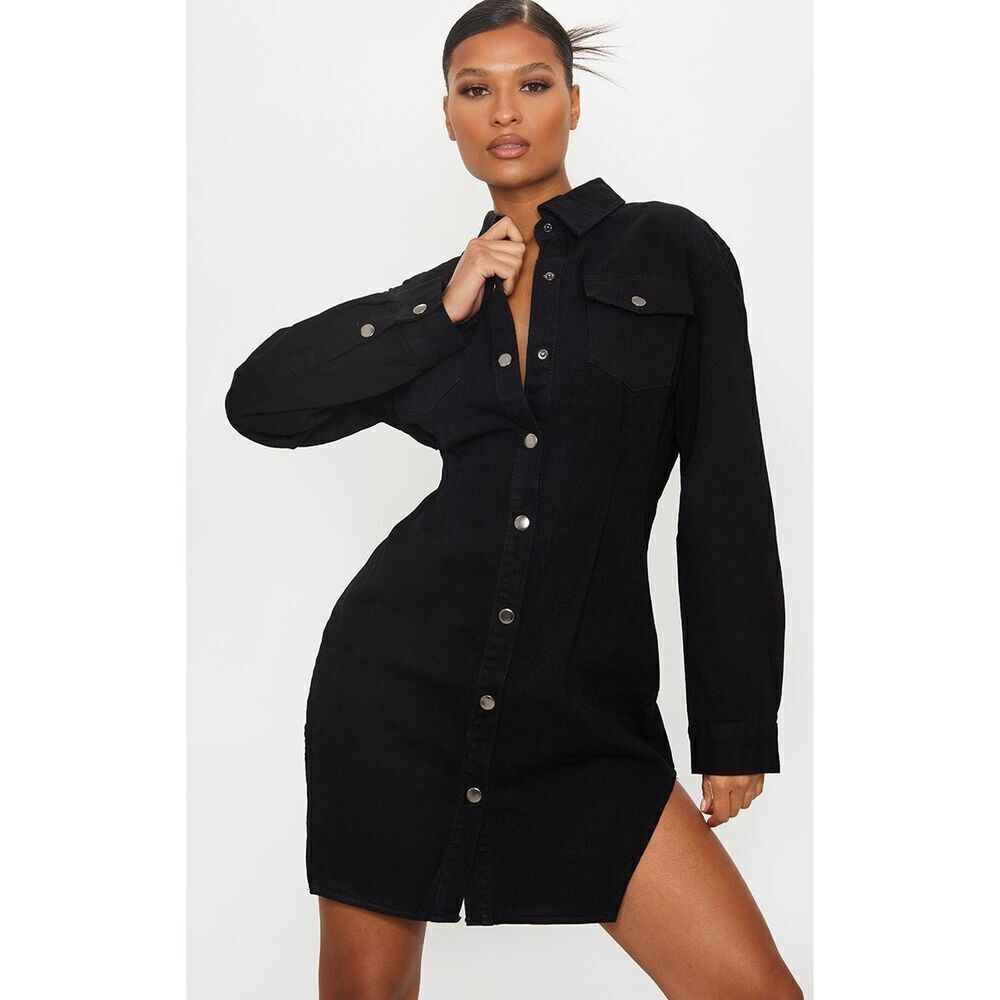 PLT Black Cinched Waist Long Sleeve Denim Dress